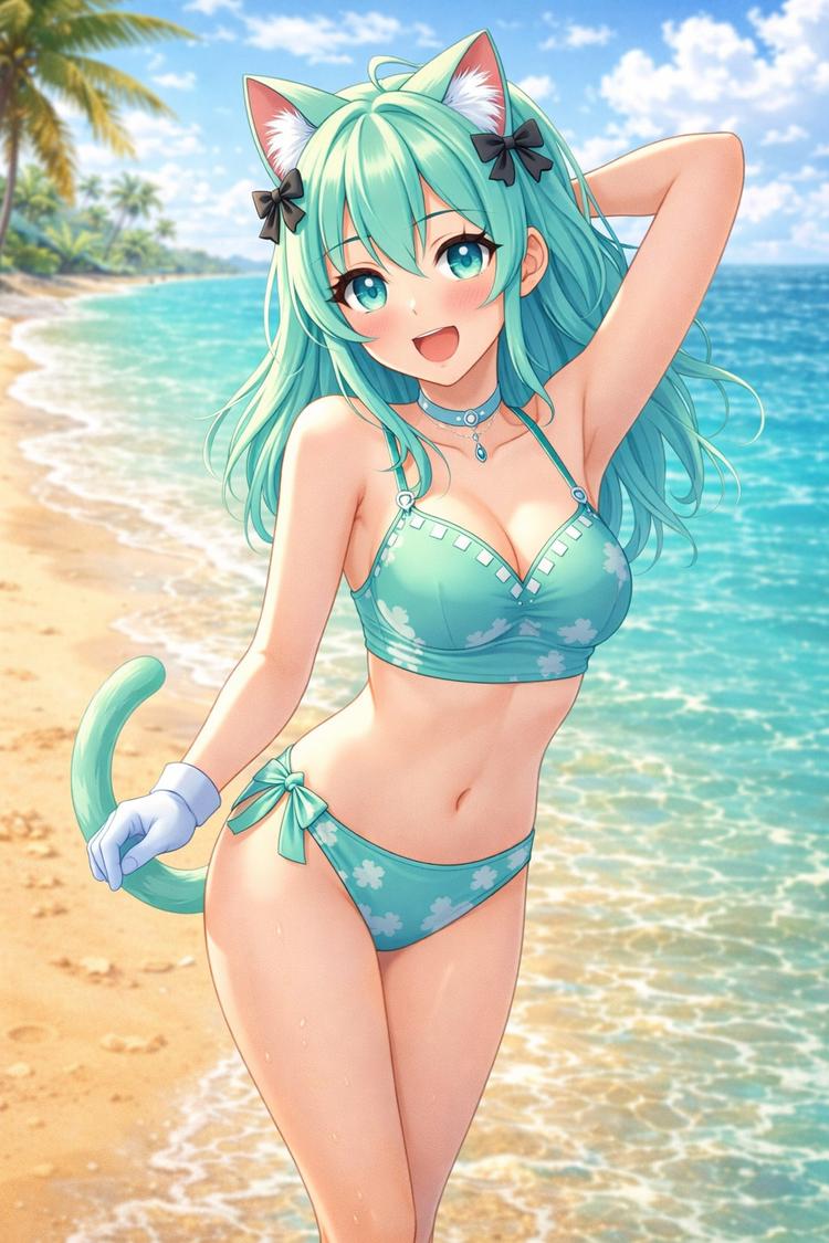 Silma AI โ teal-haired catgirl on a beach